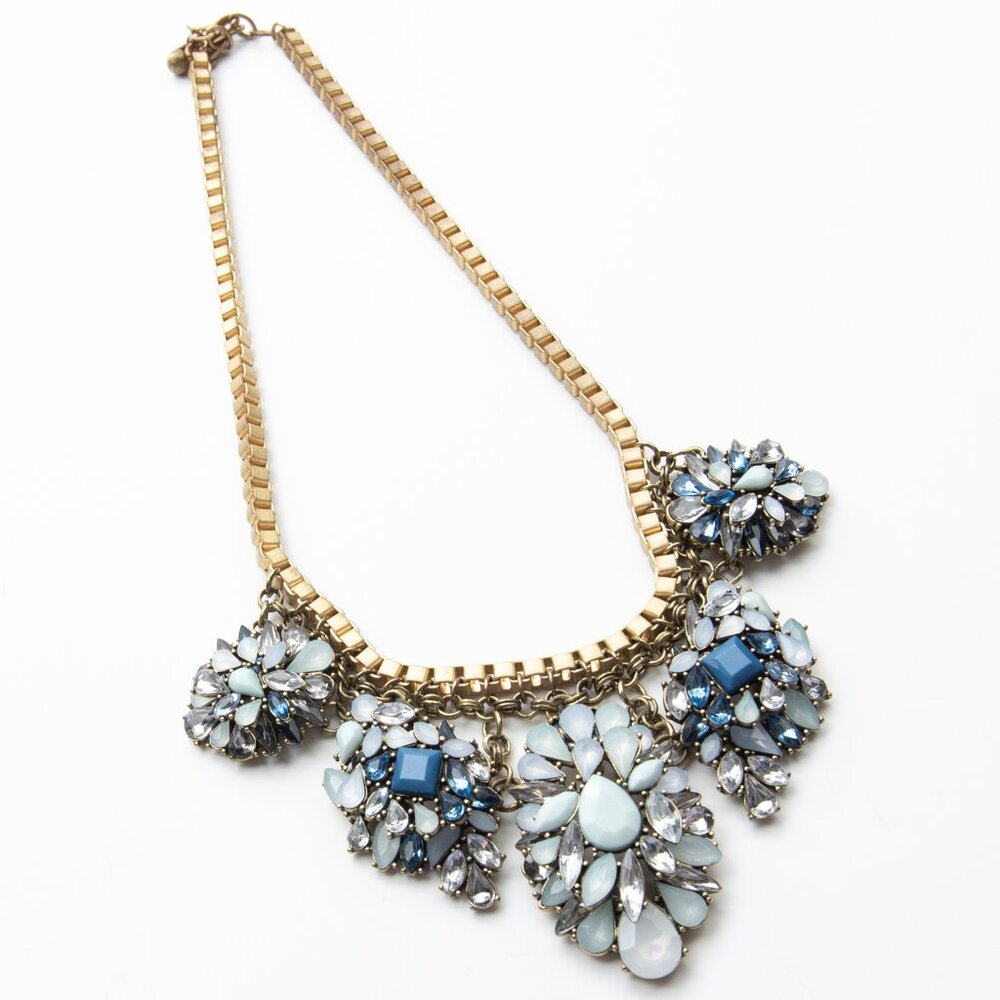 Talbots Rhinestone Statement Necklace Box Chain Gold Blue